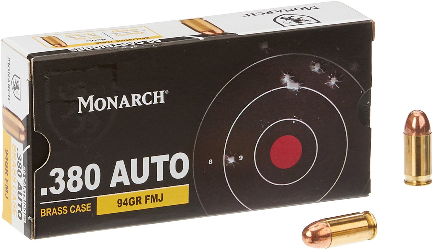 Monarch FMJ .380 Automatic 94-Grain Pistol Brass Ammunition - 50 Rounds Monarch FMJ .380 Automatic 94-Grain Pistol Brass Ammunition - 50 Rounds